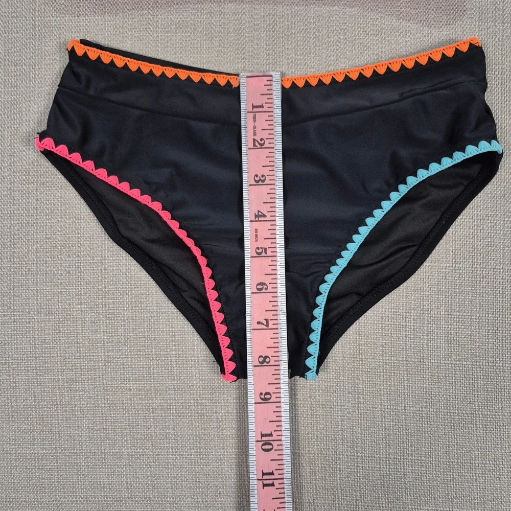 Girls Black High Waisted Bikini Set Neon Rickrack Trim Size 12Y-13Y 2XL